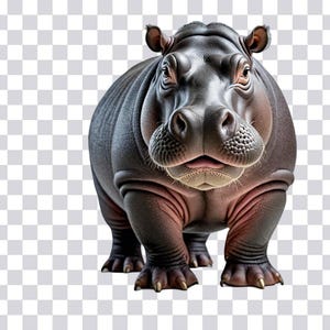 Descarga digital de dibujos animados de hipopótamo: impresión artística de hipopótamo gris, juguetón y sonriente para una decoración divertida