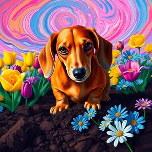 Whimsical Dachshund Digital Download: Playful Cartoon Dog Amid Vibrant Blooms & Dreamy Swirling Background