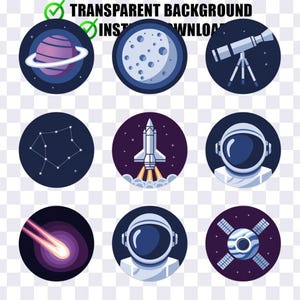 Vibrant Space Icon Set – digitale png-download, 3 x 3 raster, transparante achtergrond, inclusief 1 bestand