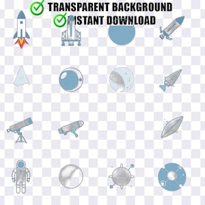 Space Icon Set: 12 minimalistische png-pictogrammen, digitale download in één bestand met transparante achtergrond