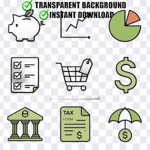 Finance Icon Set: 9 png-pictogrammen in één bestand, transparante BG voor budget en commercie.