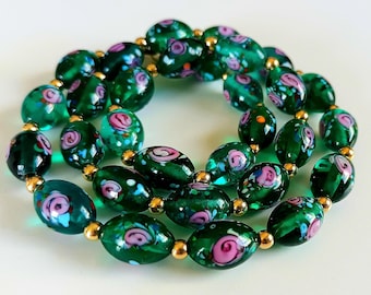 Vintage Bohemian Glass Beaded Necklace\Flowered Czech Glass Bead Necklace\Bohemian-venetian beads\Vintage Art Deco glass necklace