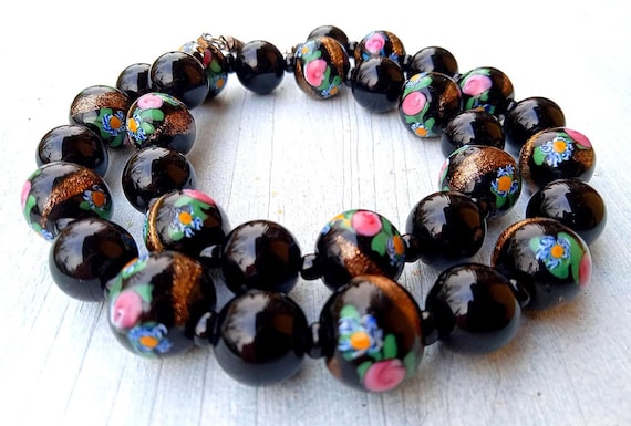 Antique Venetian Necklace\Aventurine Murano Glass Beads\Fiorato vintage Murano necklace\black\Rare Antique venetian glass beads\rose flowers