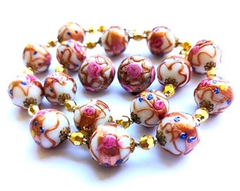 Vintage Venetian Necklace\Murano Beads\Aventurine glass/Fiorato vintage Murano necklace\wedding cake venetian glass beads and earrings set
