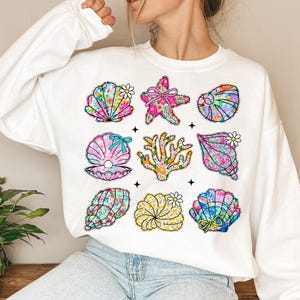 Floral Seashell Starfish Coral PNG, Summer Beach Clipart, Bright Coastal Boho Sea Life Sublimation Design for T-Shirt and Craft Projects