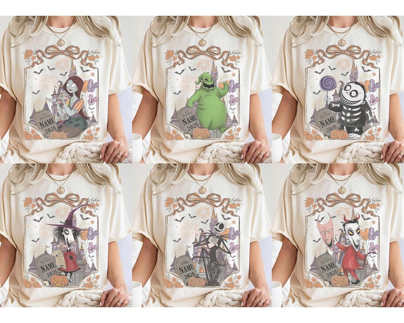 May include: A cream-colored t-shirt featuring a graphic print of characters from The Nightmare Before Christmas, including Sally, Oogie Boogie, Jack Skellington, and others, framed by a decorative border with a tombstone labeled NAME 2026.
