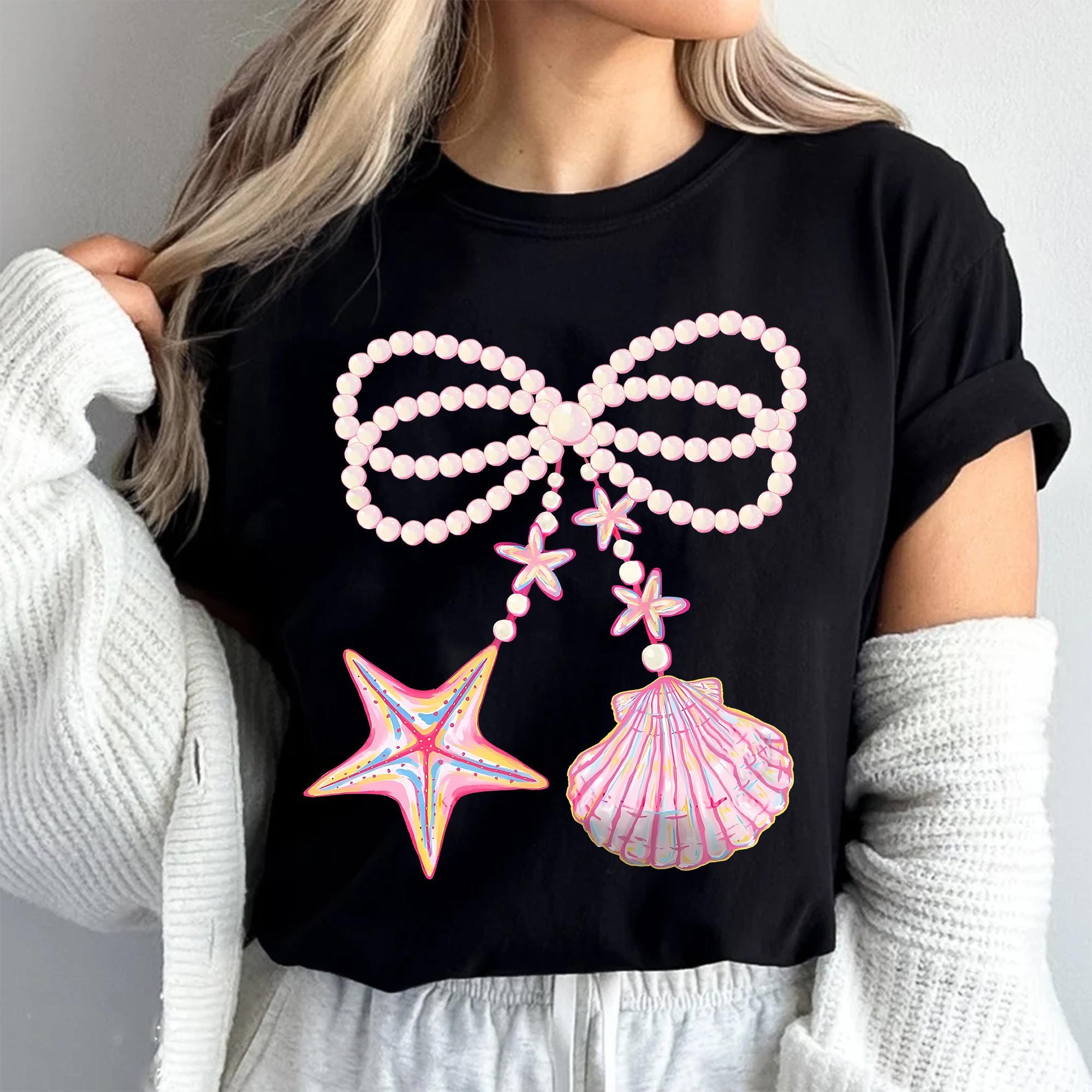 Coquette Pearl Bow PNG, Summer Vibes, Pink Clam PNG, Beach Shirt PNG ...
