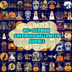 80+ Schäferhund Halloween Bundle PNG, Niedlicher gruseliger Hund Clipart, Retro Welpe Halloween digitaler Download, Sublimationsdesigns