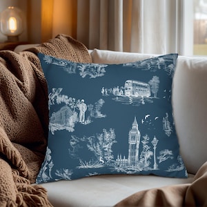 London Toile Pillow Cover · Blue Big Ben Cushion · Vintage British Decor · Decorative Throw Pillow