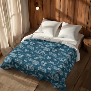 Amerikanischer Toile-Bettbezug · Blaue Vintage-Bettwäsche · USA-Wahrzeichen-Print · Klassischer französischer Toile-Stil