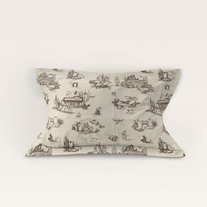 Klassischer Western-Kissenbezug mit Toile-de-Jouy-Muster · Brauner Cowboy-Print · Bettwäsche im Ranch-Stil