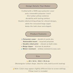 Product information board for a Western toile lumbar pillow, showing material details, product features, size 20 x 14 inches, and note that pillow insert is included.
