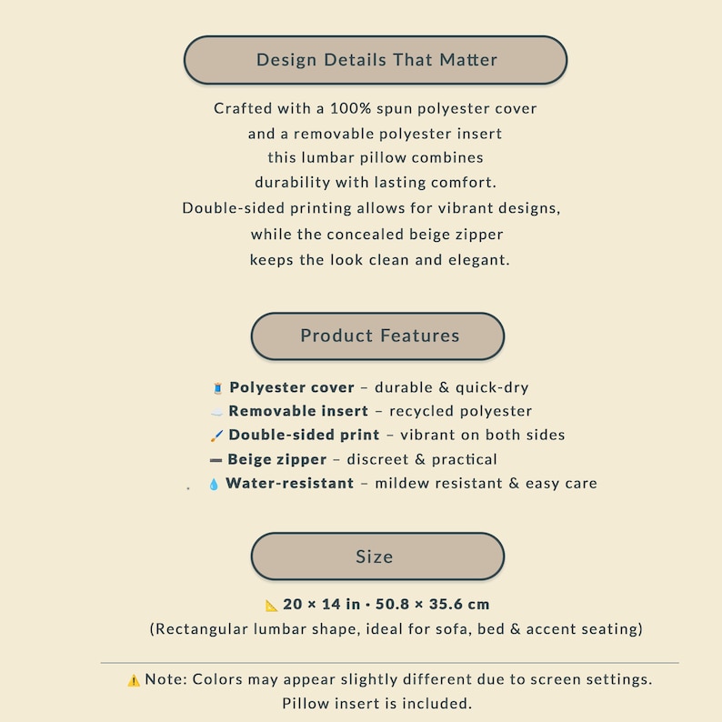 Product information board for a Western toile lumbar pillow, showing material details, product features, size 20 x 14 inches, and note that pillow insert is included.