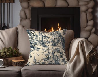 Cojín de castillo francés Toile de Jouy · Cojín vintage azul beige · Cojín elegante · Decoración del hogar estilo shabby chic estilo rústico francés