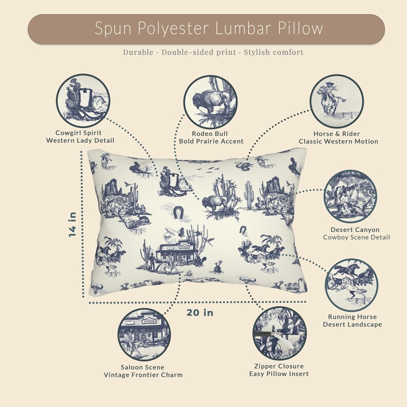 Information board for a Western toile lumbar pillow showing size, motif close-ups, envelope closure, and product details