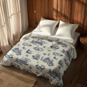 Western-Toile-Bettbezug · Handgefertigte Cowboy-Bettwäsche · Blaues Toile-Design · Hochwertige Schlafzimmerdekoration im Landhausstil