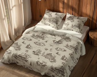 Western Toile Duvet Cover · Brown Cowboy Ranch Bedding · Toile Bedding Set · Rustic Western Bedroom Decor · Farmhouse Style