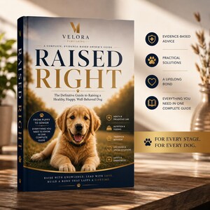 May include: A hardcover book titled Raised Right, a complete evidence-based owner's guide to raising a healthy, happy, well-behaved dog. The cover features a golden retriever puppy, the Velora Publishing logo, and text detailing health, nutrition, and training.