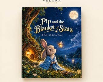 May include: A hardback book titled Pip and the Blanket of Stars, A Cozy Bedtime Story. The cover features a brown rabbit wrapped in a blue star-patterned blanket, sitting near a tree hollow, a glowing firefly, and a full moon in a night sky.