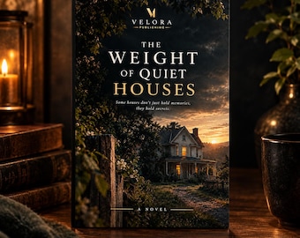 May include: A hardback book titled The Weight of Quiet Houses by Velora Publishing. The cover features a dark, atmospheric landscape with a house at sunset, surrounded by trees and a wooden fence. The text reads: Some houses don't just hold memories, they hold secrets.