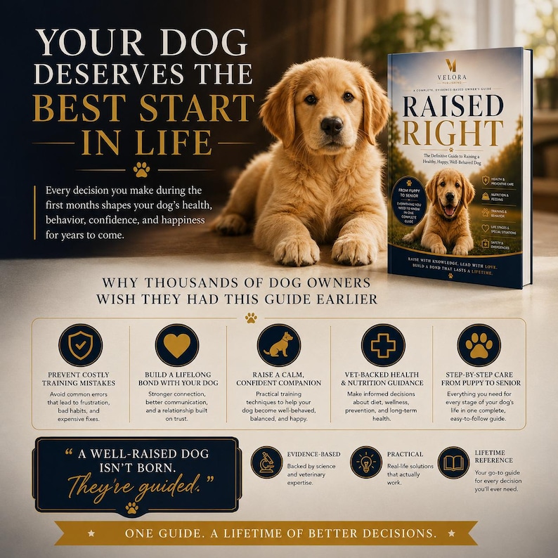 May include: A book titled Raised Right with a golden retriever puppy on the cover. The text reads Your Dog Deserves The Best Start In Life, Why Thousands Of Dog Owners Wish They Had This Guide Earlier, and A Well-Raised Dog Isn't Born. They're guided.