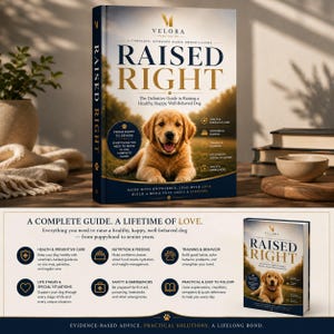 May include: A hardcover book titled Raised Right, a complete evidence-based owner's guide to raising a healthy, happy, well-behaved dog. The cover features a golden retriever puppy, the Velora Publishing logo, and text detailing health, nutrition, and training.