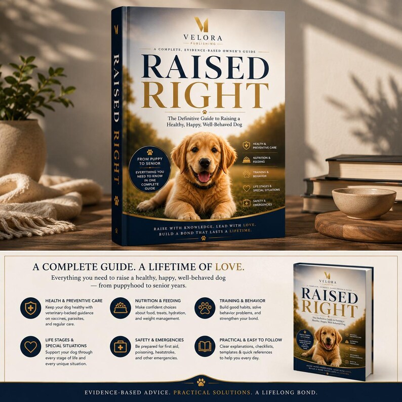May include: A hardcover book titled Raised Right, a complete evidence-based owner's guide to raising a healthy, happy, well-behaved dog. The cover features a golden retriever puppy, the Velora Publishing logo, and text detailing health, nutrition, and training.