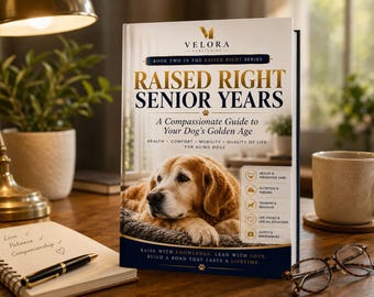May include: A hardcover book titled Raised Right Senior Years: A Compassionate Guide to Your Dog's Golden Age. The cover features a golden retriever resting on a gray bed, with gold and navy blue text, and a list of health and care topics.