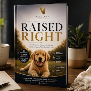 May include: A hardcover book titled Raised Right, a complete evidence-based owner's guide to raising a healthy, happy, well-behaved dog. The cover features a golden retriever puppy, the Velora Publishing logo, and text detailing health, nutrition, training, and safety.