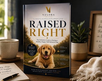 May include: A hardcover book titled Raised Right, a complete evidence-based owner's guide to raising a healthy, happy, well-behaved dog. The cover features a golden retriever puppy, the Velora Publishing logo, and text detailing health, nutrition, training, and safety.
