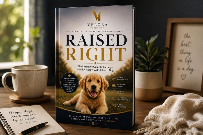 May include: A hardcover book titled Raised Right, a complete evidence-based owner's guide to raising a healthy, happy, well-behaved dog. The cover features a golden retriever puppy, the Velora Publishing logo, and text detailing health, nutrition, training, and safety.