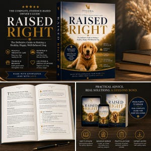 May include: A hardcover book titled Raised Right featuring a golden retriever puppy on the cover, alongside an open book showing text pages and a digital display showing the book cover, all focused on dog care, training, and health guidance.