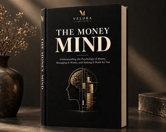 May include: A black hardback book titled The Money Mind by Velora Publishing. The cover features gold text and a graphic of a human head profile with a brain on one side and a stack of coins on the other, symbolising financial psychology.
