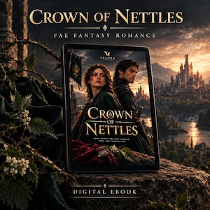 Op de afbeelding: Een digitaal e-book getiteld Crown of Nettles met cover art van twee personen in donkere kleding tegen een kasteellandschap. Het scherm toont de titel, het uitgeverslogo Velora en de tekst Some bonds are not chosen. They are fought for.