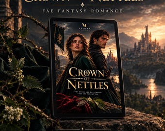 May include: A digital ebook titled Crown of Nettles featuring cover art of two individuals in dark attire against a castle landscape. The screen displays the title, the publisher logo Velora, and the text Some bonds are not chosen. They are fought for.