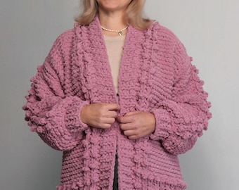 Hand Knit Chunky Cable Cardigan | Dusty Rose, Oversized M