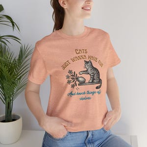Könnte beinhalten: Pfirsichfarbenes T-Shirt mit einer Grafik einer grauen getigerten Katze, die eine Blumenvase umstößt. Der Text lautet "Cats Just Wanna Have Fun" und "And knock things off shelves."