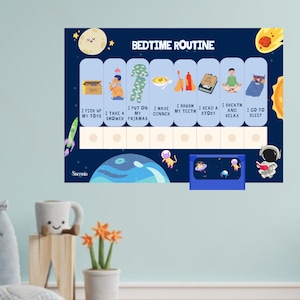 Puede incluir: Un cuadro de rutina para la hora de dormir azul y blanco con ilustraciones de actividades nocturnas. El cuadro incluye texto como "Recojo mis juguetes", "Me ducho" y "Me voy a dormir". El tema es el espacio.