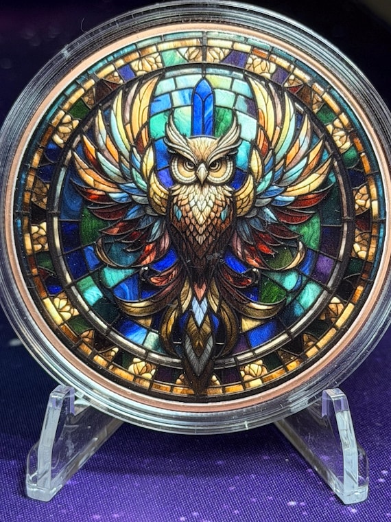 5oz Stained Glass Owl Colorized Copper Round