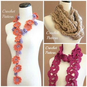 CROCHET PATTERN Bundle - Queen Anne's Lace Scarf Pattern, Crochet Infinity Scarf Pattern, Crochet Flower Scarf Pattern, Crochet Pattern Set