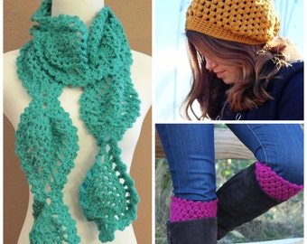 Crochet Pattern Bundle - Slouch Hat Crochet Pattern, Slouchy Hat Pattern, Crochet Scarf Pattern, Crochet Boot Cuffs Pattern, Crochet Pattern