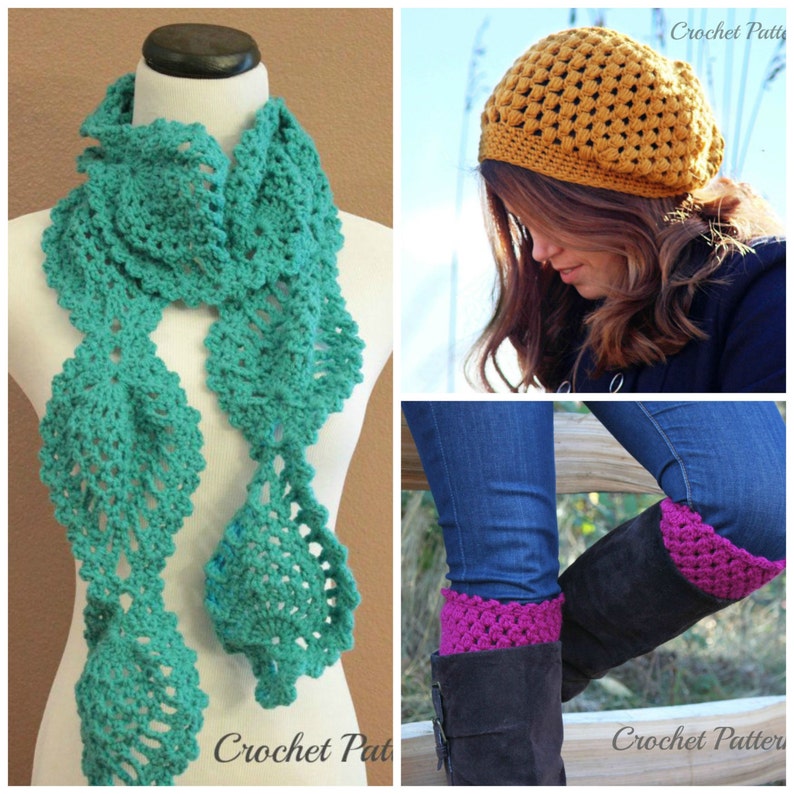 Crochet Pattern Bundle Slouch Hat Crochet Pattern, Slouchy Hat Pattern, Crochet Scarf Pattern, Crochet Boot Cuffs Pattern, Crochet Pattern image 1
