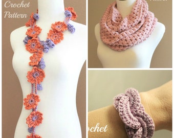 Crochet Pattern Bundle, Flower Scarf Pattern, Crochet Bracelet Pattern, Chunky Infinity Scarf Pattern, Crochet Cowl Pattern, Pattern Set