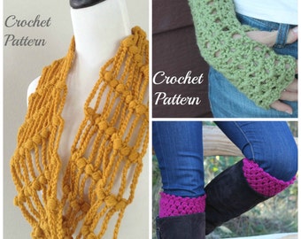 CROCHET PATTERN Bundle - Crochet Infinity Cowl Pattern, Crochet Boot Cuffs Pattern, Crochet Fingerless Gloves Pattern, Crochet Pattern Set