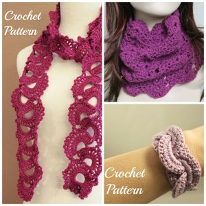 Crochet Pattern Bundle Queen Anne's Lace Scarf Pattern, Crochet Bracelet Pattern, Crochet Cowl Pattern, Crochet Pattern Set