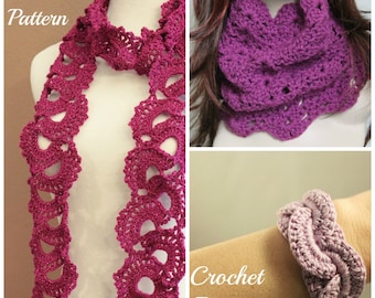 Crochet Pattern Bundle Queen Anne's Lace Scarf Pattern, Crochet Bracelet Pattern, Crochet Cowl Pattern, Crochet Pattern Set