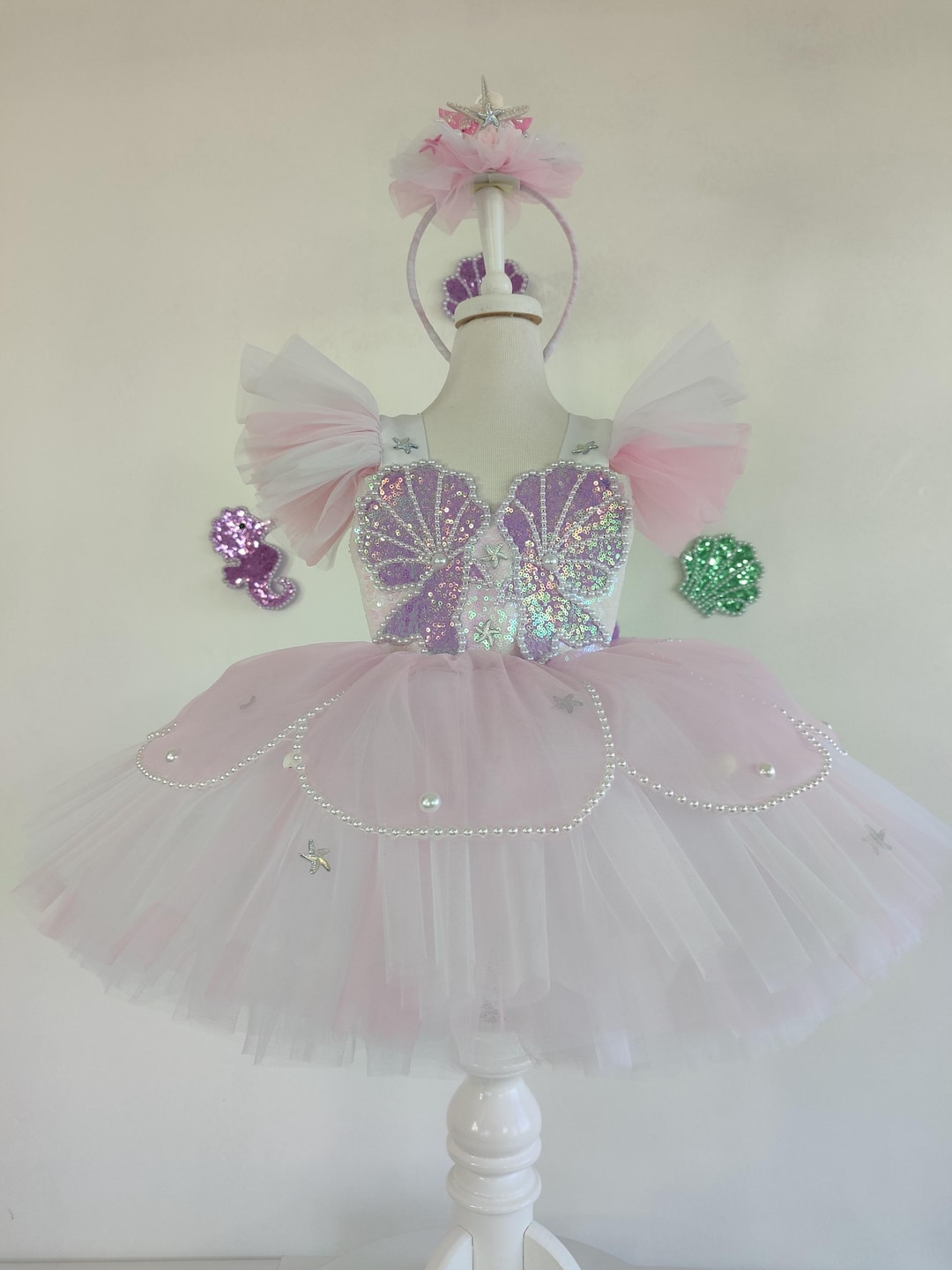 Sequin Mermaid Dress: Tulle Skirt, Pearl & Shell Decor