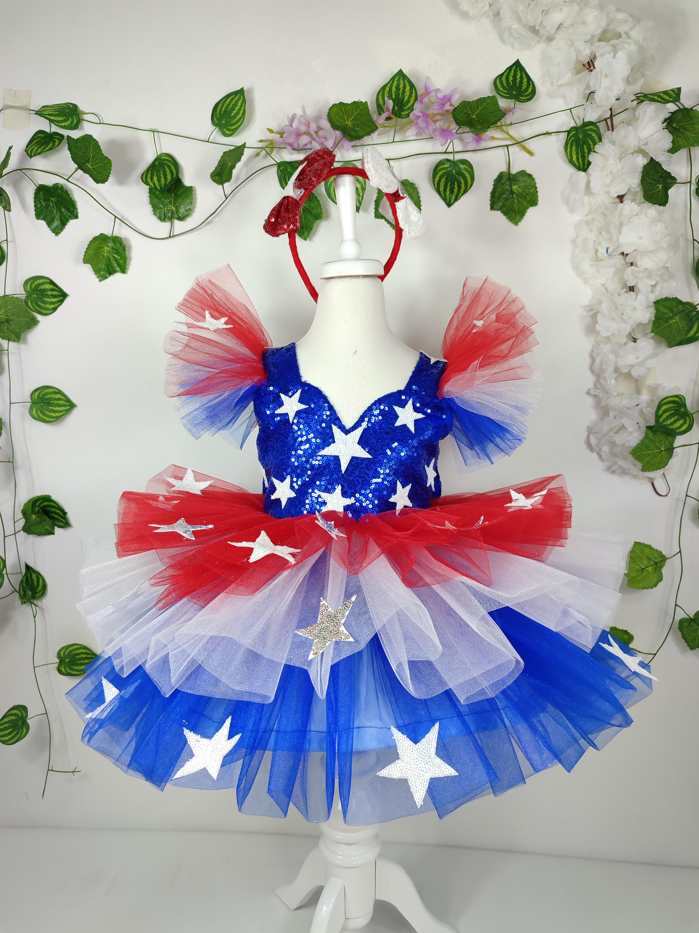 Handmade Patriotic Tulle Dress: 4th of July Star Dress with Bow