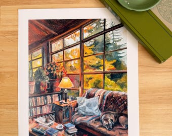Cozy Autumn Interior Dog Bookshelf Oil Painting Giclee Print