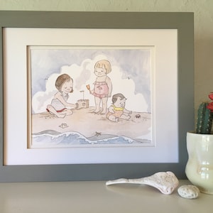 Seascape Three Girls on the Beach Reproduction of watercolor illustration--8x10 print (unframed)